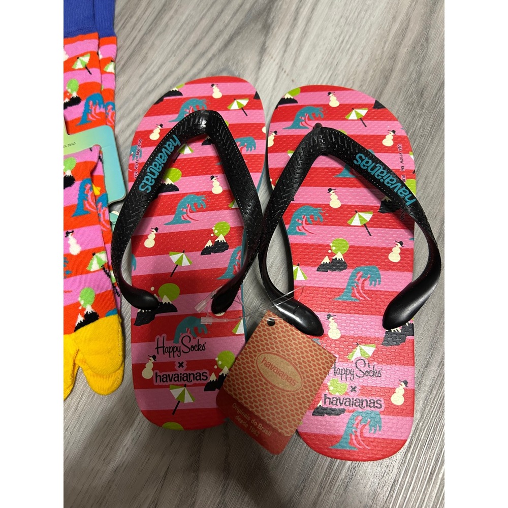 Havaianas Happy Socks Womens Flip Flops & Toe Socks Set Rubber 9/10 Pink Multi